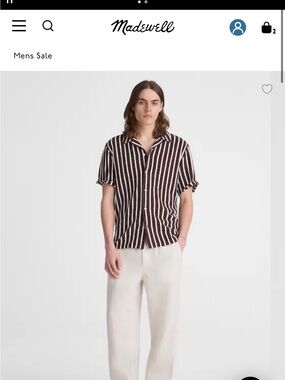Madewell Men's Brown and White Vertical Stripe Short-Sleeve Shirt